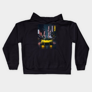 Dark Yellow Sports Car in Japanese Neon City Kids Hoodie